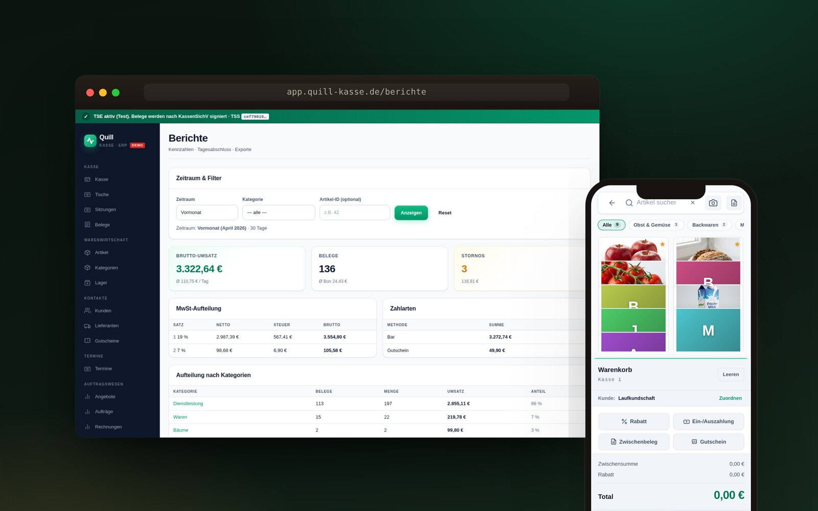 Quill Kassensystem - echtes Berichte-Dashboard und mobile POS-Ansicht aus der laufenden App
