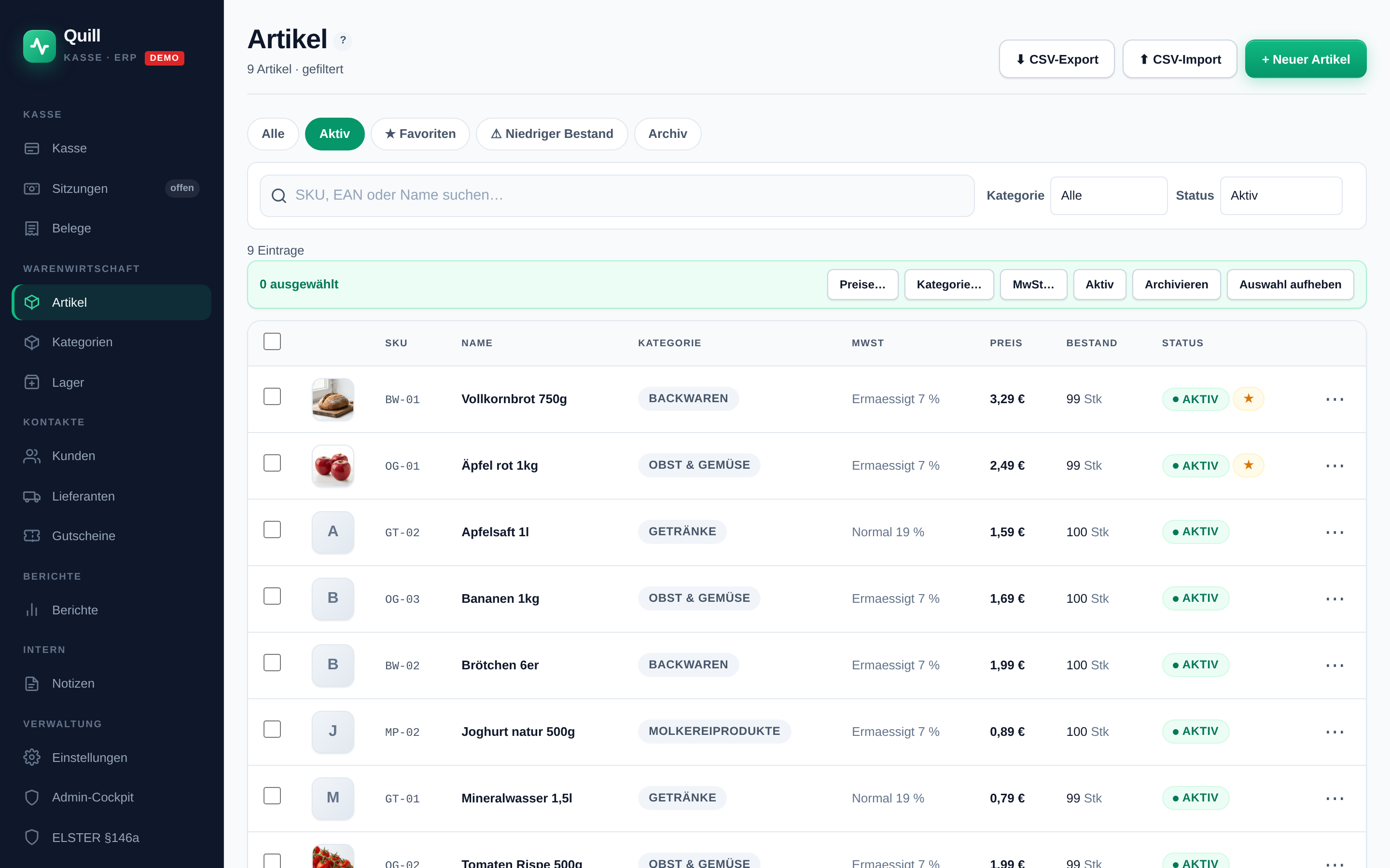 Quill Einzelhandel — echte App-Ansicht