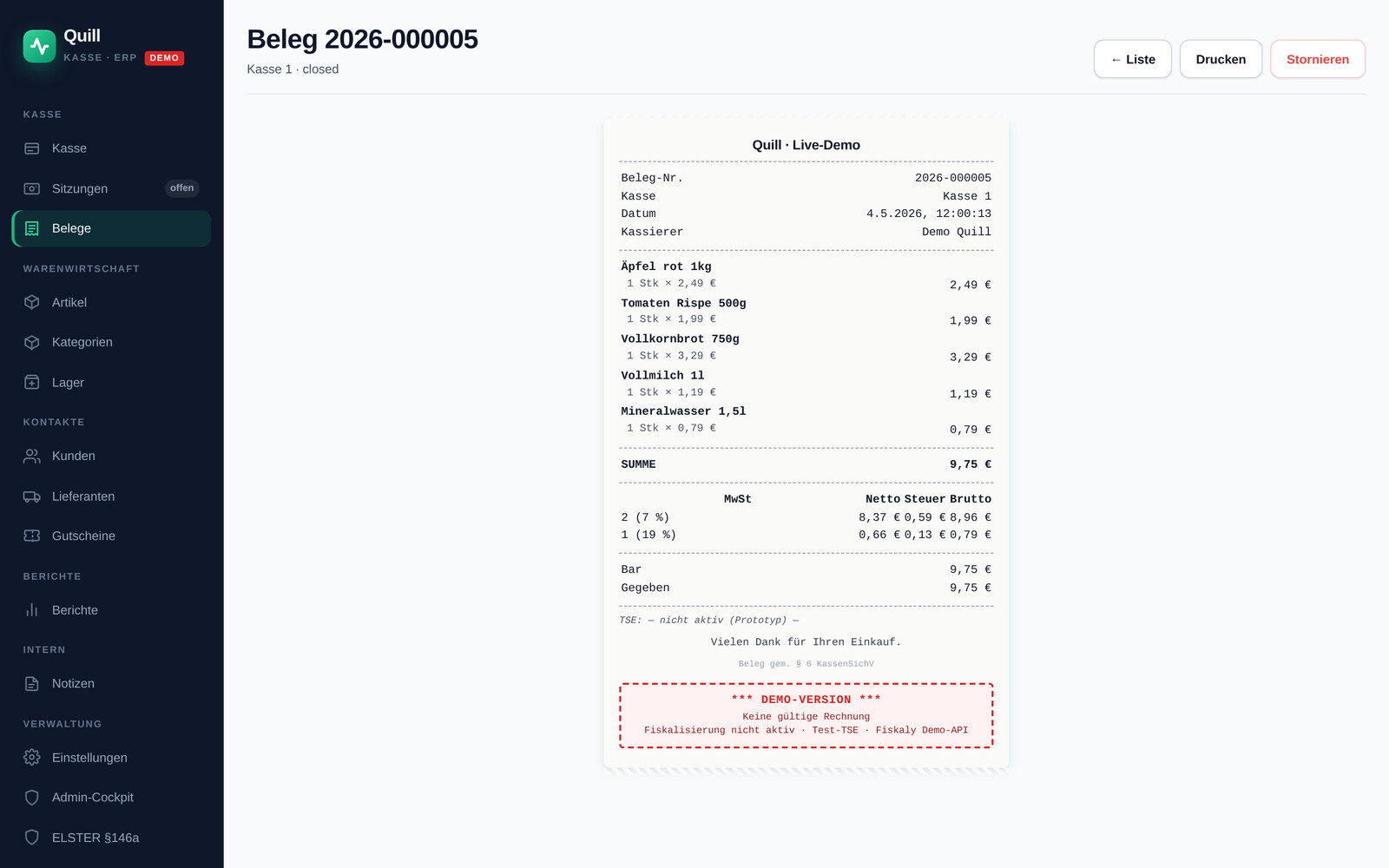 Quill-Belegübersicht als Grundlage für den DATEV-Export