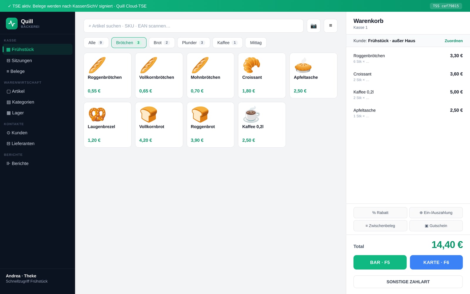 Quill Bäckerei — echte App-Ansicht