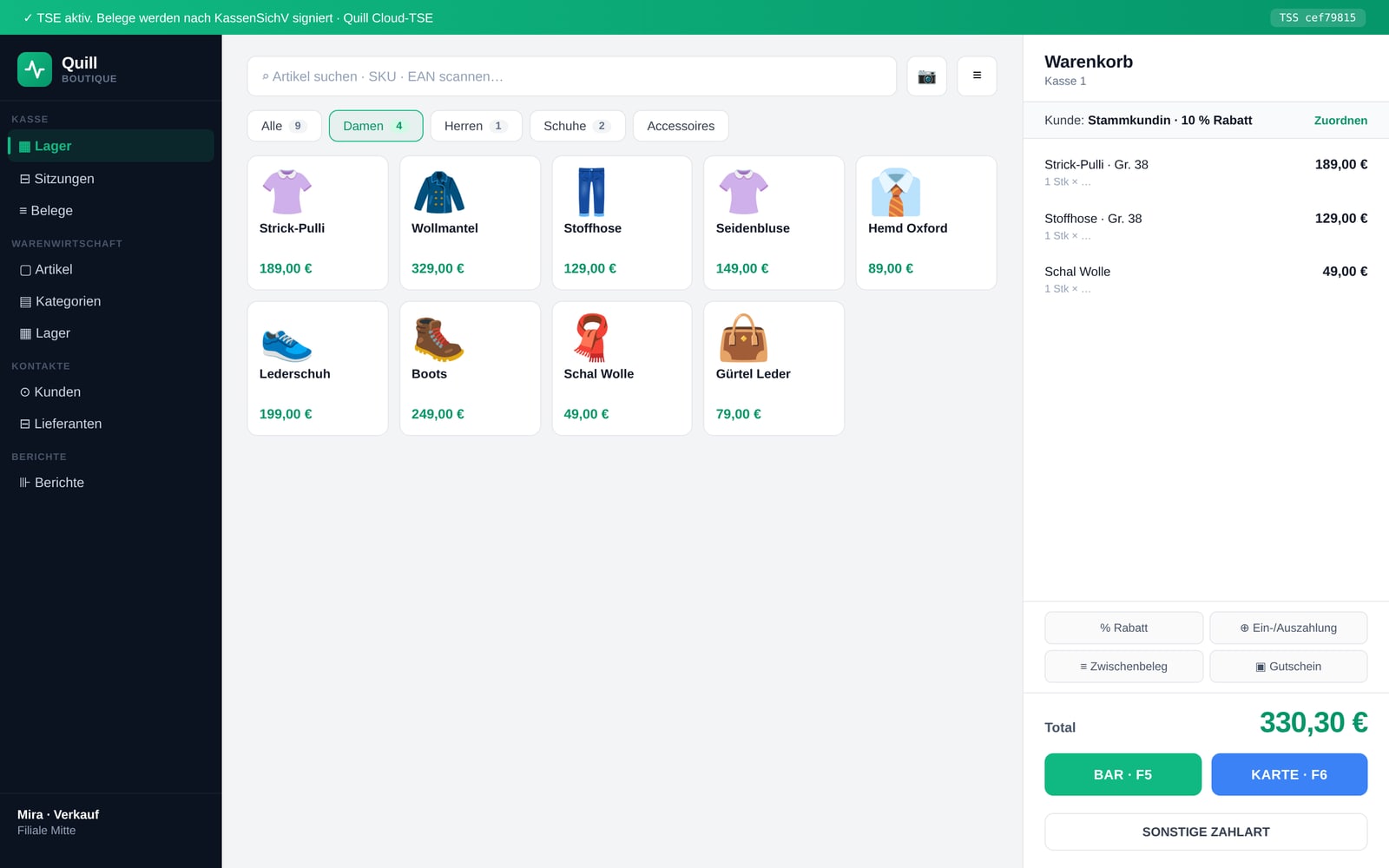 Quill Einzelhandel — echte App-Ansicht