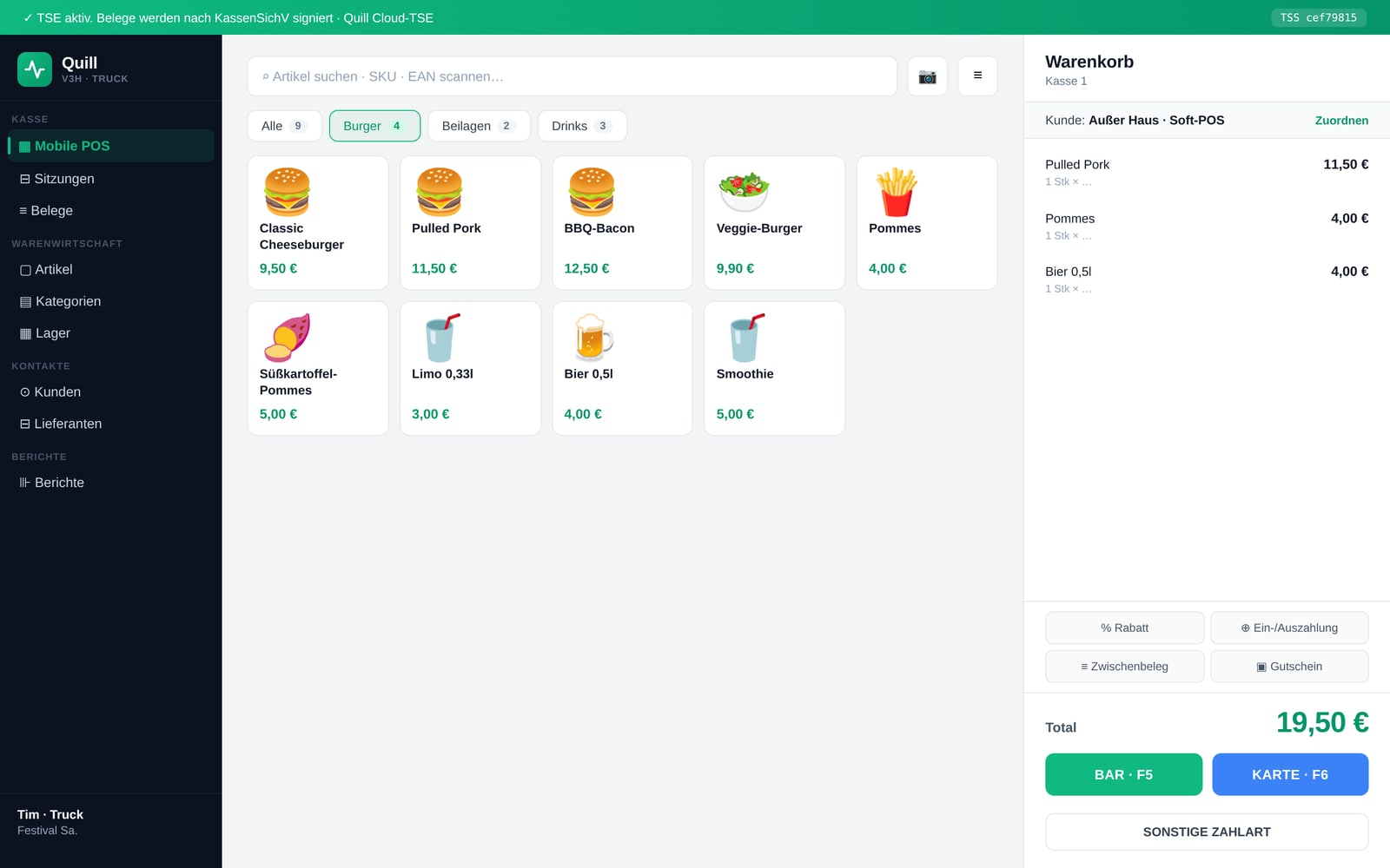 Quill Foodtruck — echte App-Ansicht
