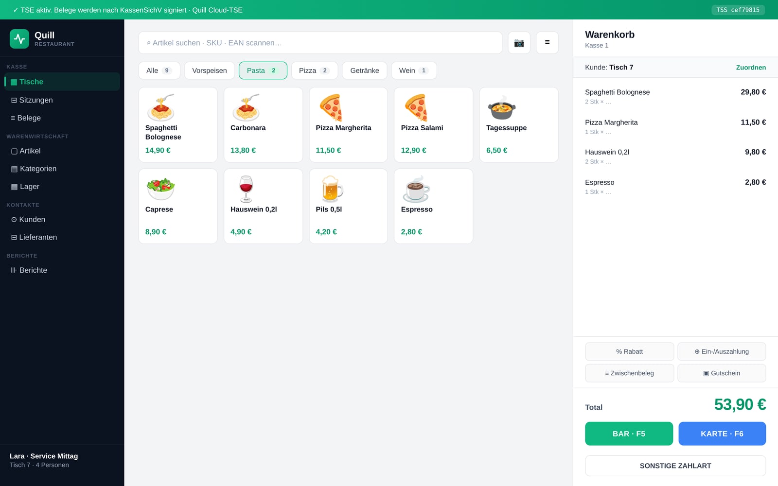 Quill Gastronomie — echte App-Ansicht