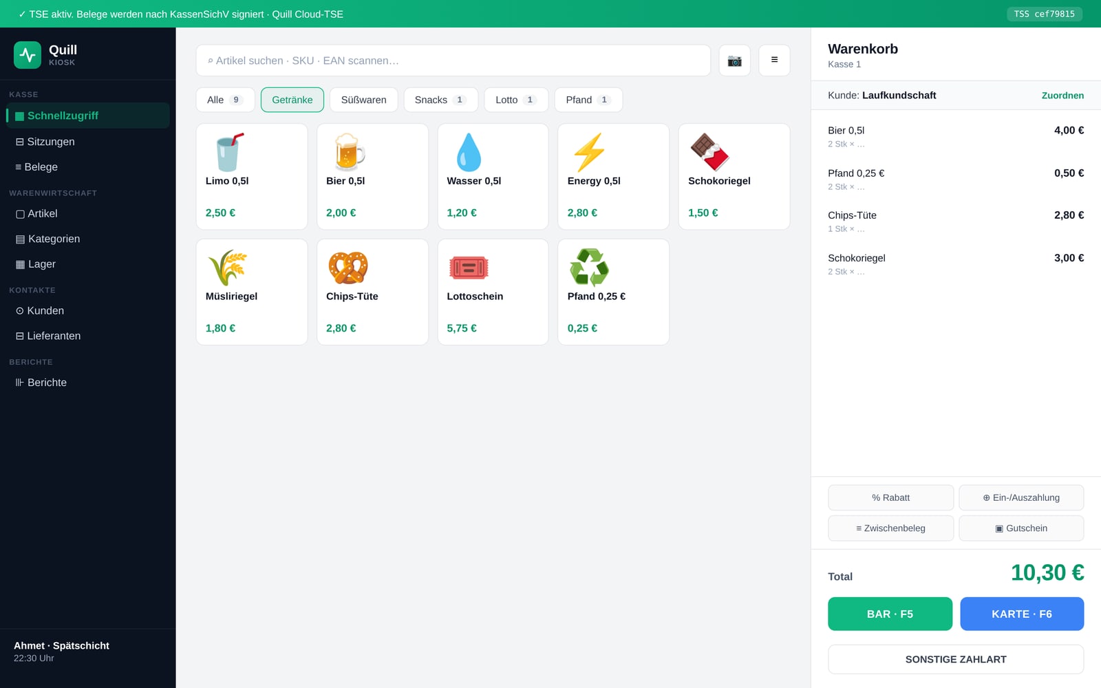 Quill Kiosk — echte App-Ansicht
