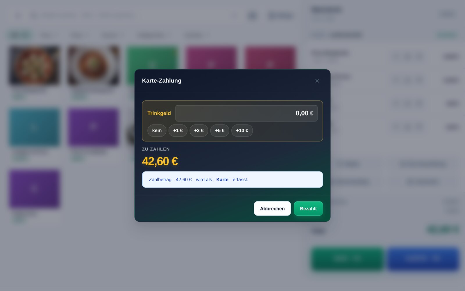 Echter Screenshot der Quill-Kasse in Tresen-Bildschirmgröße 1280 × 800 (Demo-Daten): Dialog Karte-Zahlung, zu zahlen 42,60 €