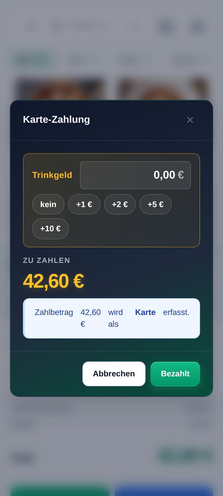 Echter Screenshot der Quill-Kasse auf Handgerät-Breite (Demo-Daten): derselbe Dialog Karte-Zahlung über 42,60 €