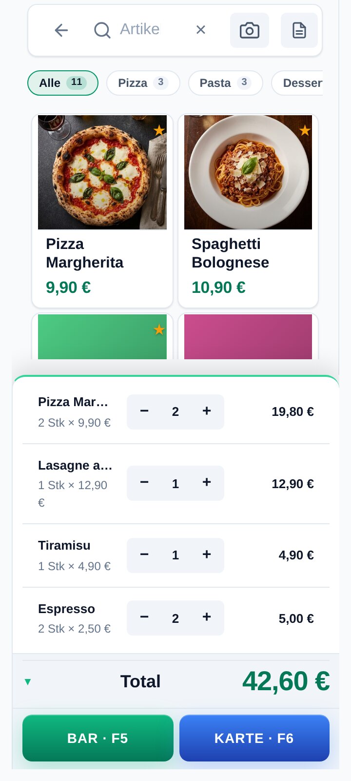 Echter Screenshot der Quill-Kasse in der Bildschirmgröße einer Sunmi V3h (Demo-Daten): Warenkorb mit 2 × Pizza Margherita 19,80 €, 1 × Lasagne 12,90 €, 1 × Tiramisu 4,90 €, 2 × Espresso 5,00 €, Total 42,60 €
