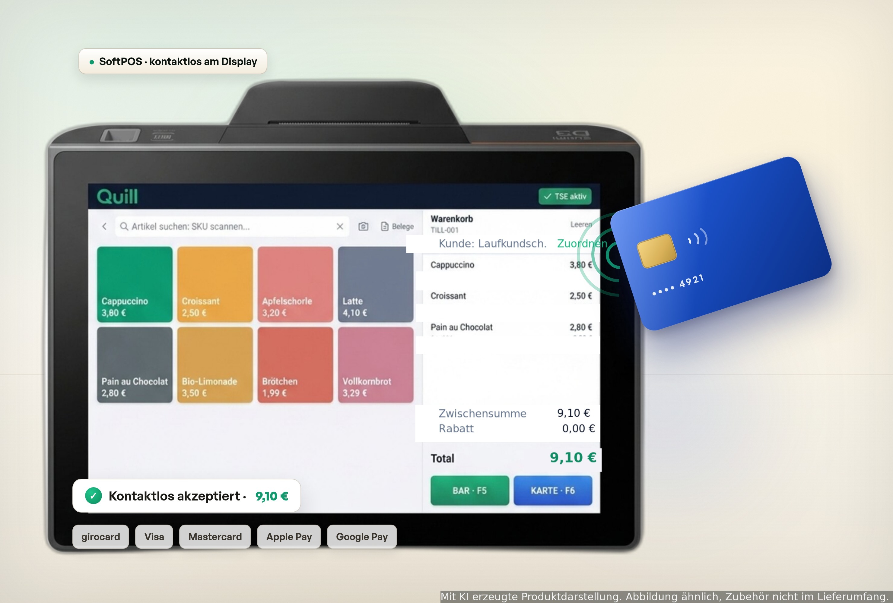 KI-generiert: Quill SoftPOS: kontaktlose girocard-Zahlung direkt am Sunmi-D3-Display - girocard, Visa, Mastercard, Apple Pay und Google Pay ohne separates Terminal