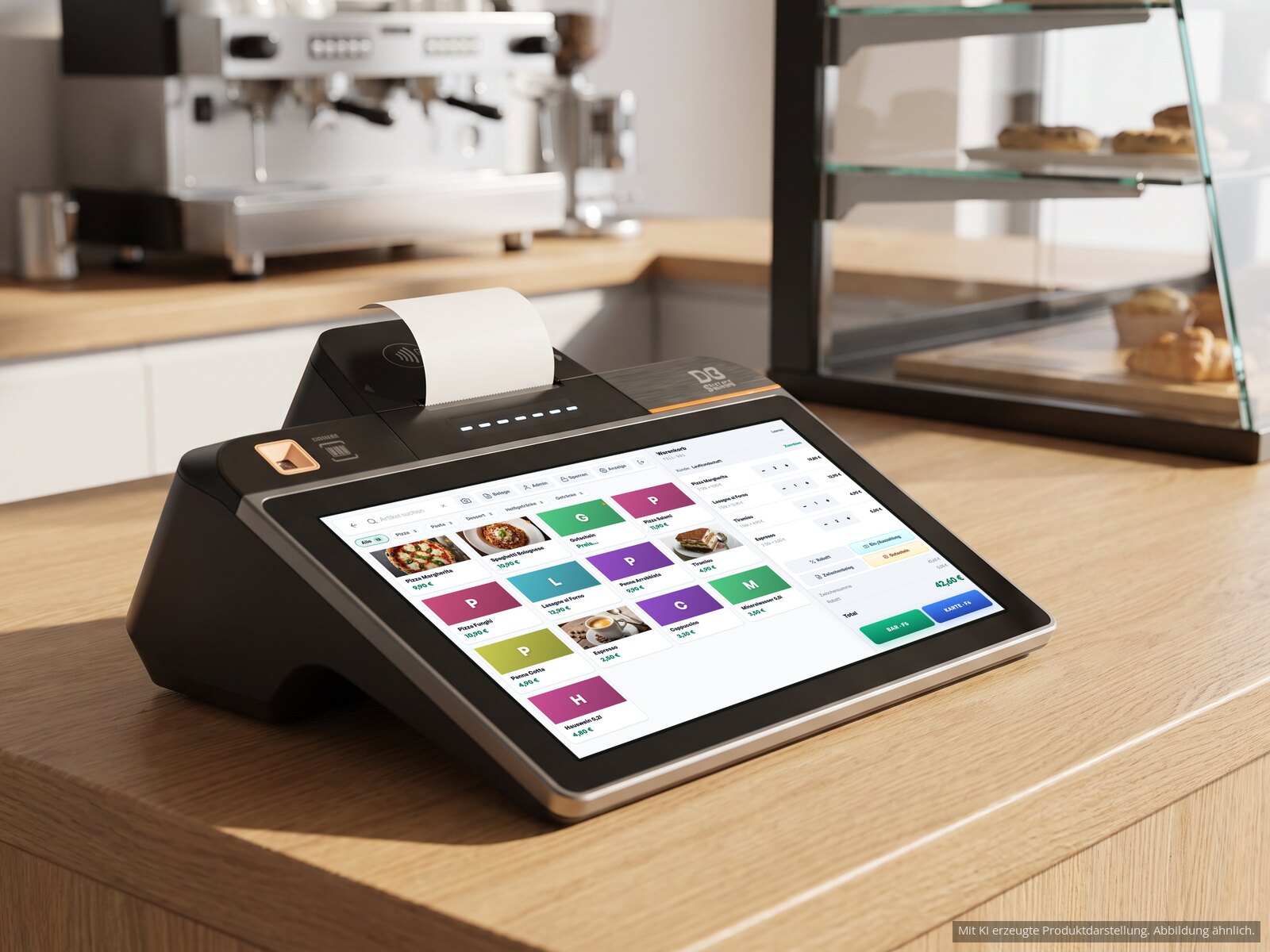 KI-generiert: Sunmi D3 Mini von vorn, im Display die Quill-Kasse mit Warenkorb über 42,60 €
