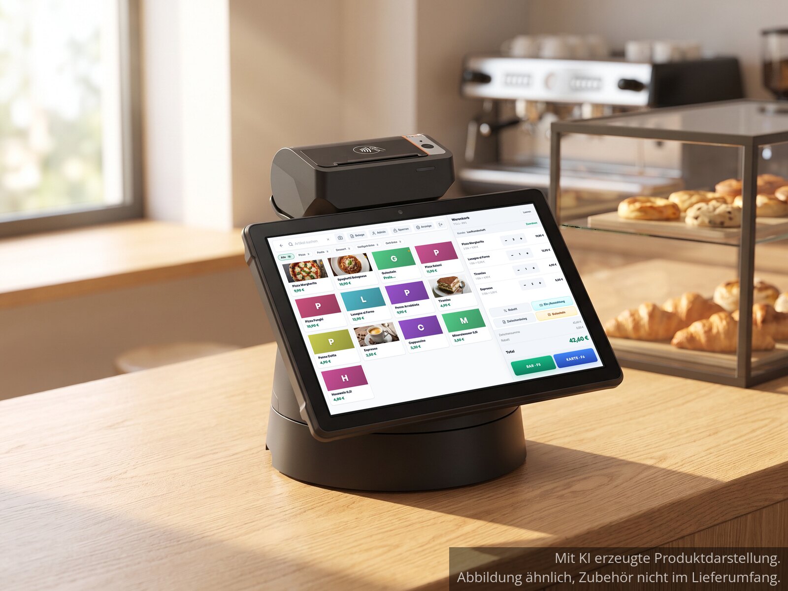 KI-generiert: Sunmi V3 Mix auf dem runden Standfuß an einer Café-Theke, Druckermodul mit Kontaktlos-Symbol an der Oberkante, Display zeigt die Quill-Kasse mit Warenkorb über 42,60 €