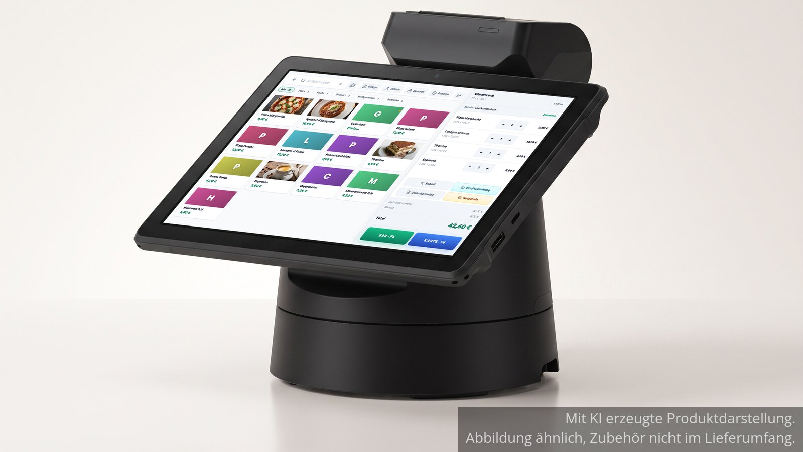 KI-generiert: Sunmi V3 Mix vor hellem Studiohintergrund, Tablet quer auf dem drehbaren Standfuß, Druckermodul hinter der Oberkante, Display zeigt die Quill-Kasse mit Warenkorb über 42,60 €