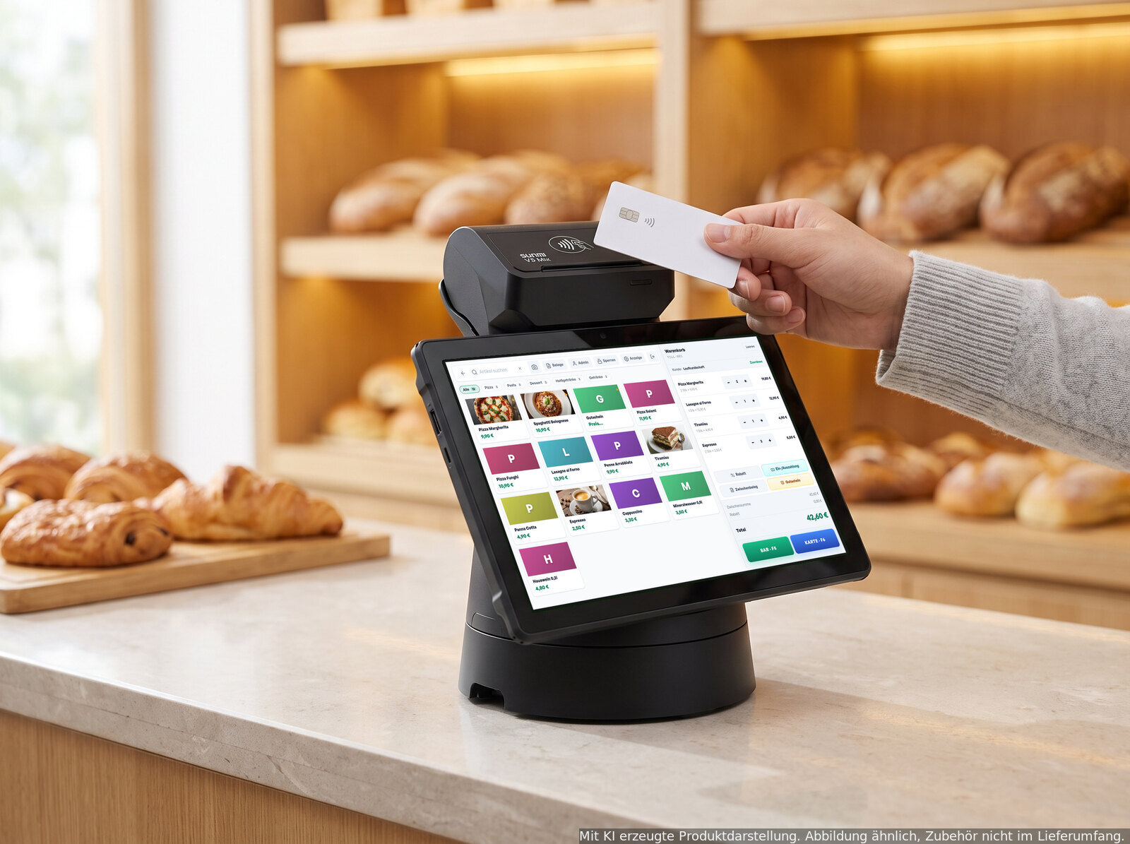 KI-generiert: Sunmi V3 Mix mit Quill-Kasse - Tablet-Kasse mit Drehfuß