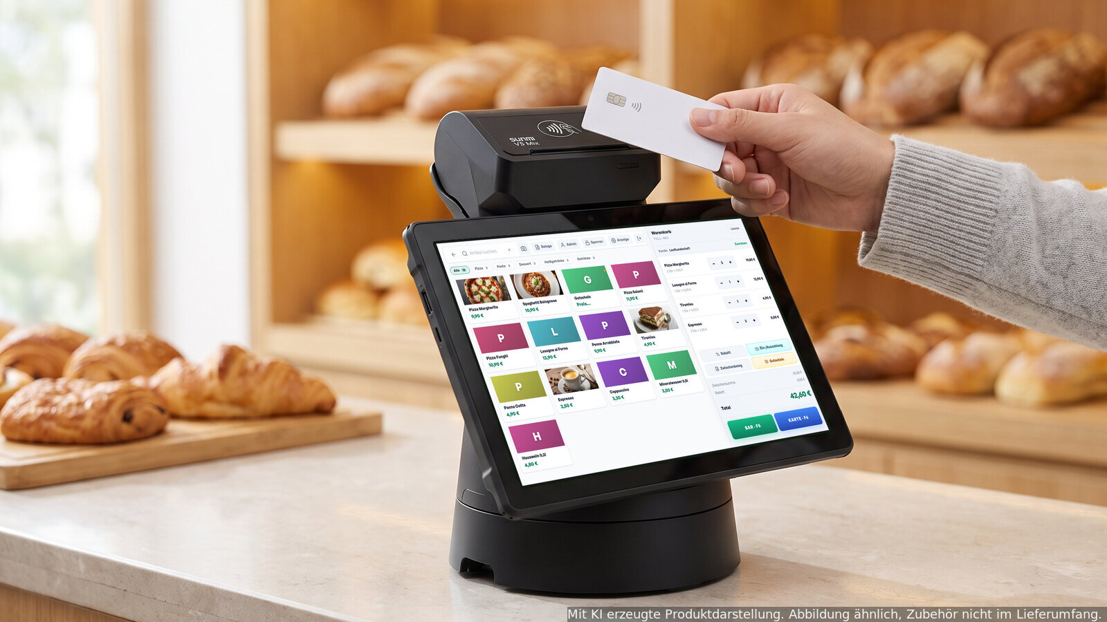 KI-generiert: Sunmi V3 Mix auf dem drehbaren Standfuß an der Ladentheke, zum Kunden gedreht, Karte an der NFC-Fläche am Druckermodul, im Display die echte Quill-Kassenansicht