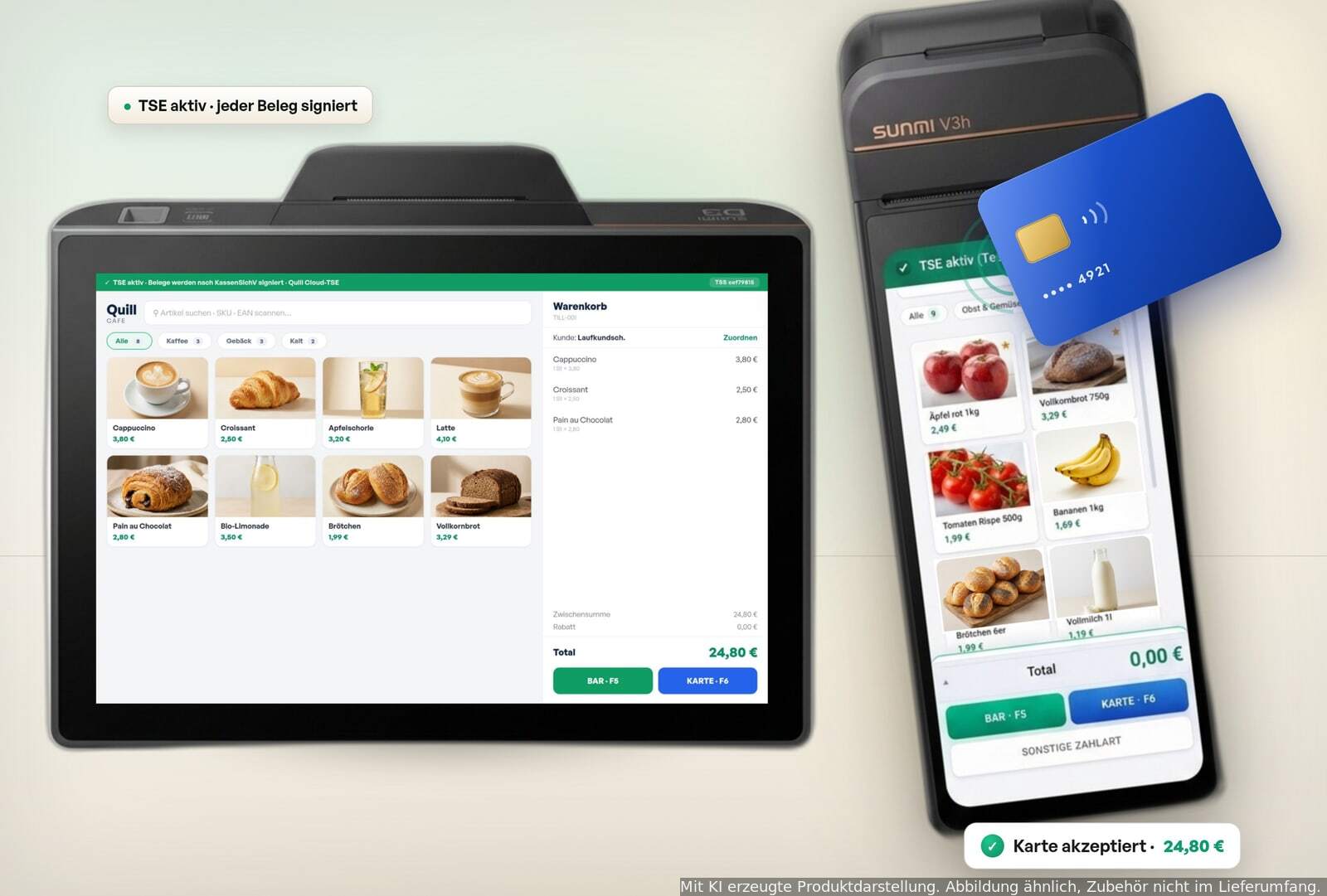 KI-generiert: Sunmi D3 mini Tresen-Kasse und Sunmi V3h Handheld nebeneinander, beide mit Quill-POS, echtem Warenkorb, Kartenzahlung und aktiver TSE