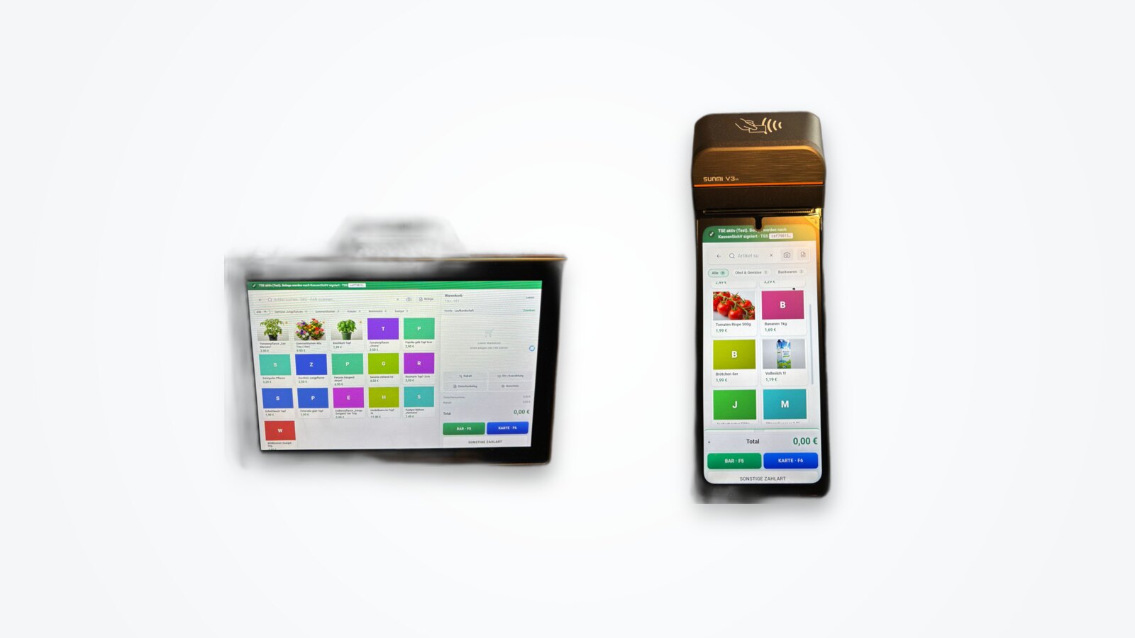Sunmi V3h Handheld und Sunmi D3 mini Tresen-Kasse nebeneinander, beide mit Quill-POS, Bondrucker und TSE