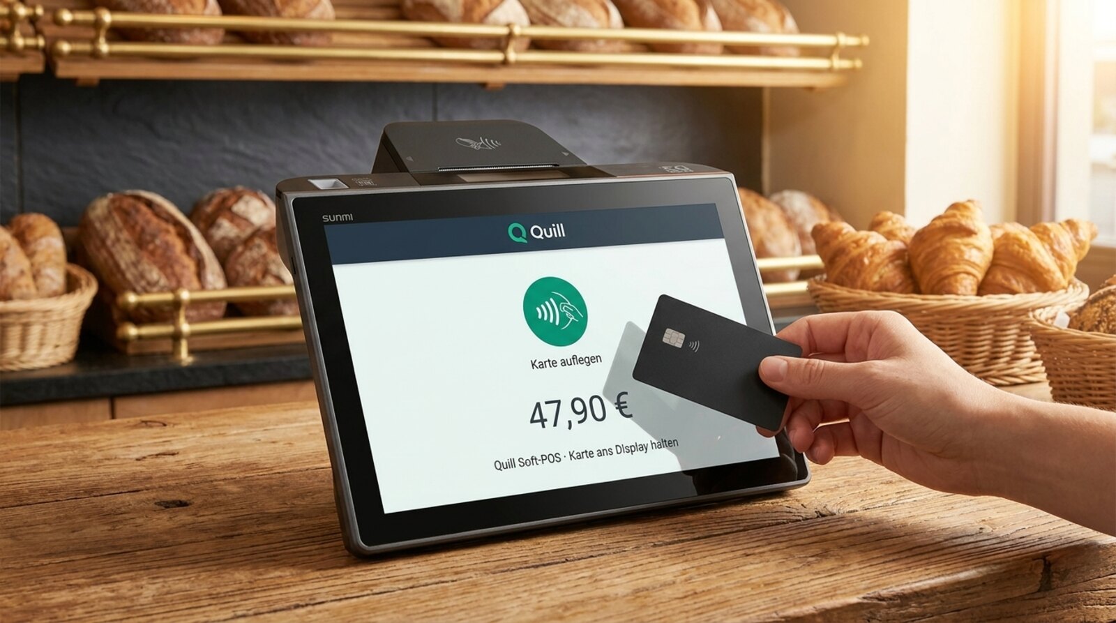 Soft-POS auf der Quill-Kasse — Karte direkt ans Display halten, NFC-Ring leuchtet grün, fertig in unter 5 Sekunden