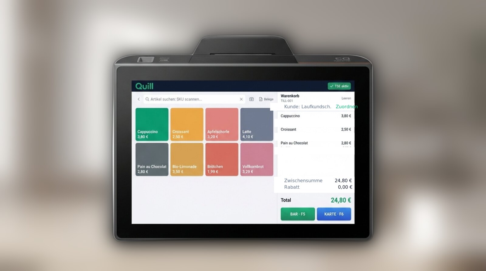 Sunmi D3 Mini Kassensystem auf einem Café-Tresen mit Quill-POS auf dem 11,6 Zoll Display