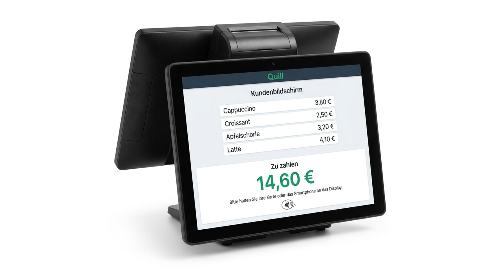 Quill T3 Pro Premium-All-in-One von hinten fotografiert — Hauptdisplay 15,6 Zoll vorne, integrierter 80-mm-Bondrucker oben, 10,1 Zoll Kundendisplay zeigt Quill-Kundenbildschirm mit Live-Belegliste und Zu-zahlen-Betrag