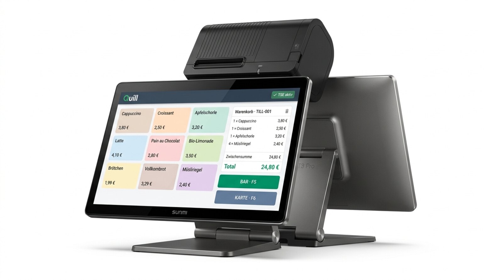 Sunmi T3 Pro Premium-All-in-One mit 15,6 Zoll Hauptdisplay vorne und 10,1 Zoll Kundendisplay rückseitig