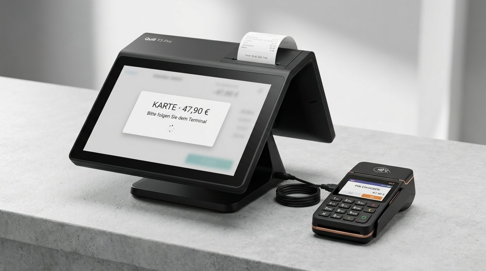 Quill T3 Pro mit angeschlossenem ZVT-Kartenterminal — vendor-neutraler Anbieter, USB-Verbindung zur Kasse