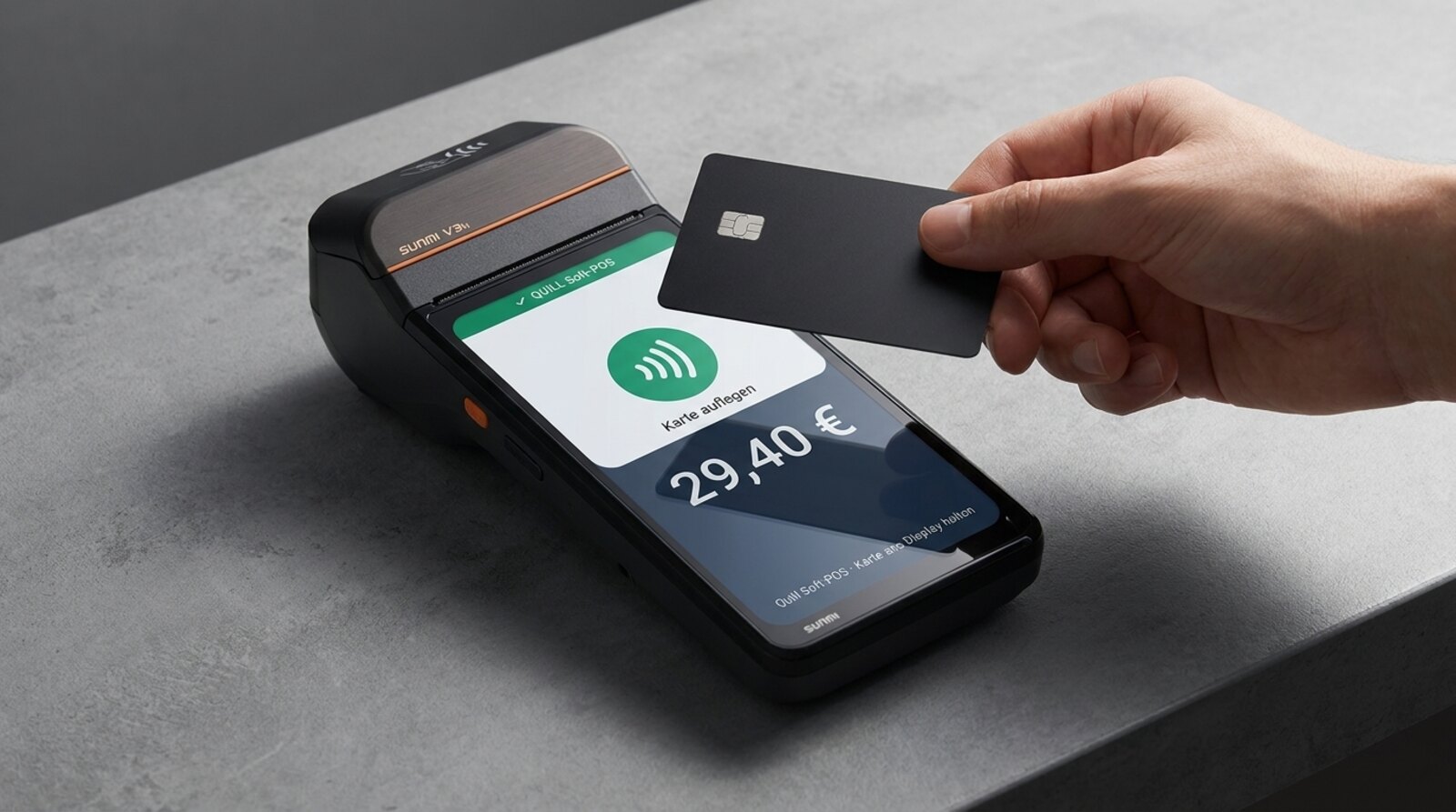 Sunmi V3h Mobile mit Quill-POS in Portrait-Ansicht und integriertem 58-mm-Bondrucker